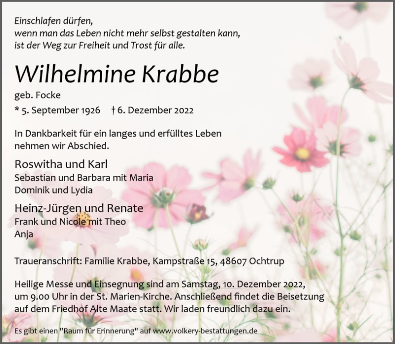 Erinnerungsbild für Wilhelmine Krabbe
